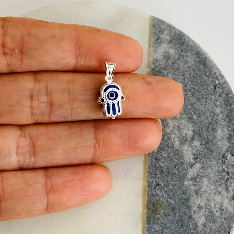 925 Sterling Silver Murano Glass 16mm Hamsa Fatima Hand Pendant- P145