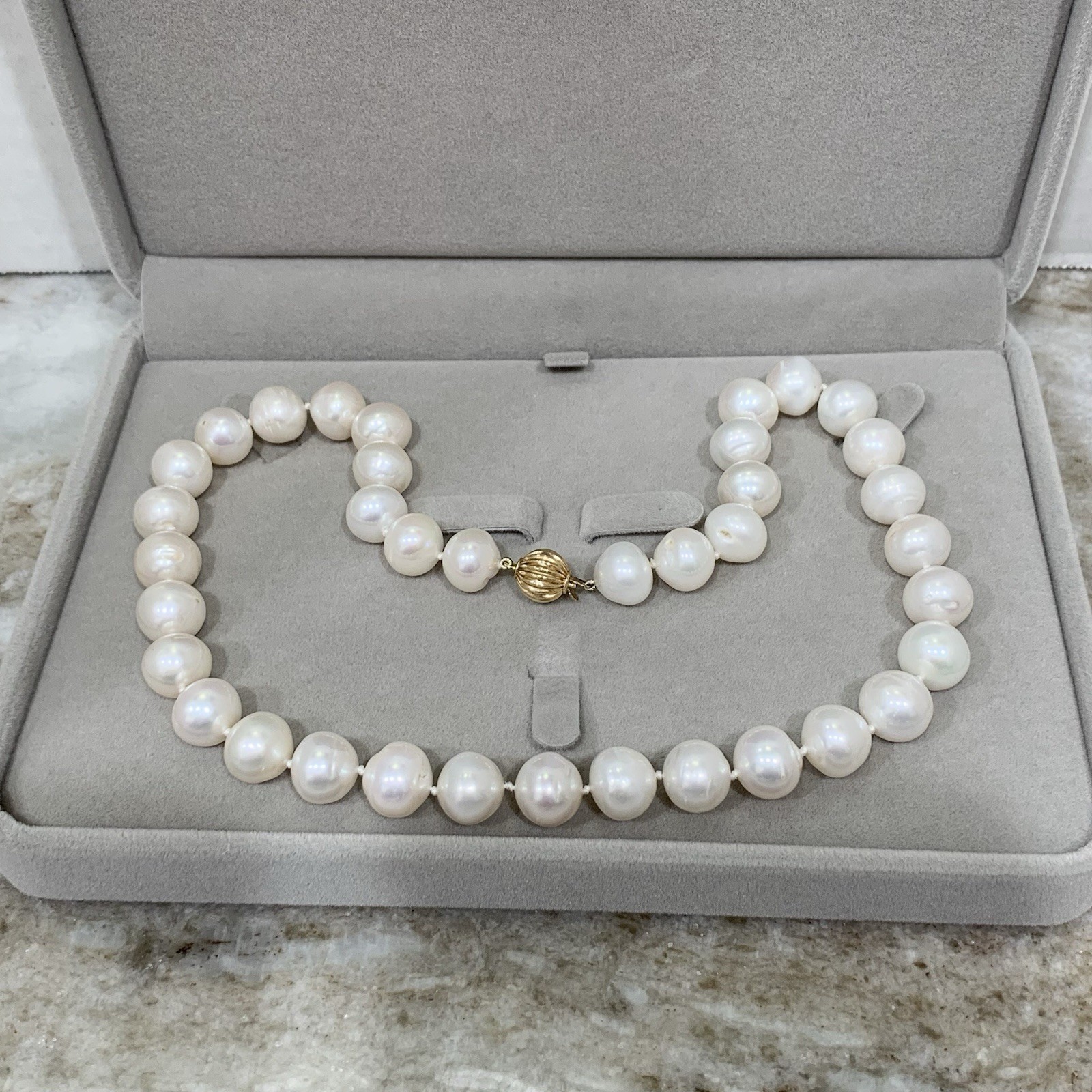 BIG Pearl Necklace 11mm 14k Yellow Gold 62.33gr White SouthSea style FIC 16” WOW