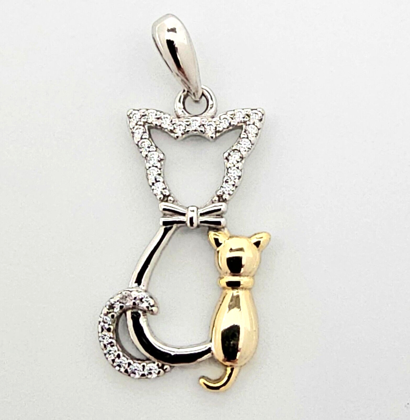 925 Solid Sterling Silver Dainty 2-Tone Baby Kitten & Cat Charm Pendant 26x12mm