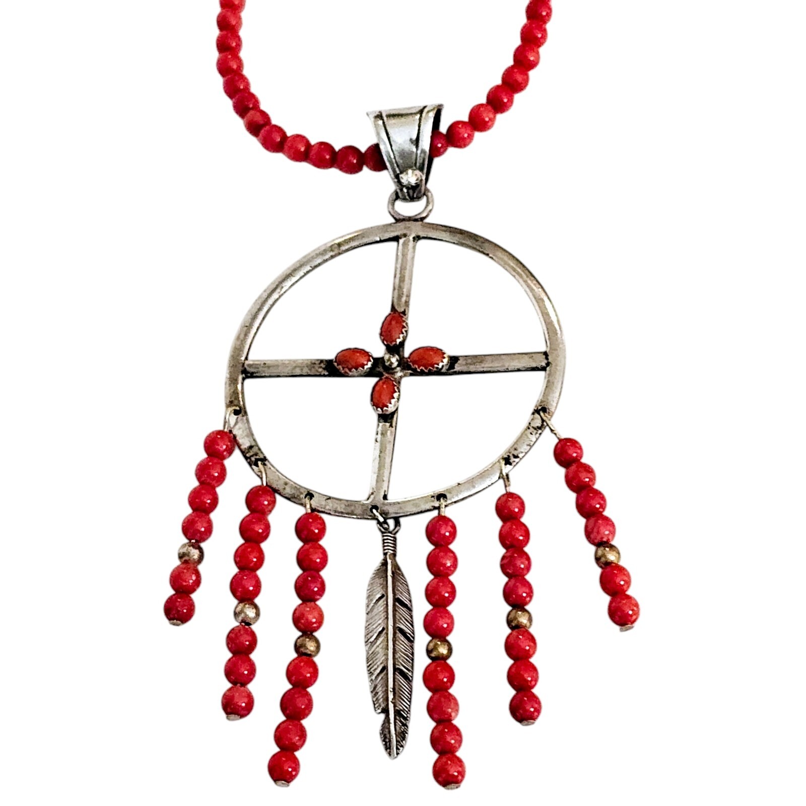 SOUTHWEST Necklace Dreamcatcher 925 Sterling Silver Coral Bead Chain Signed B