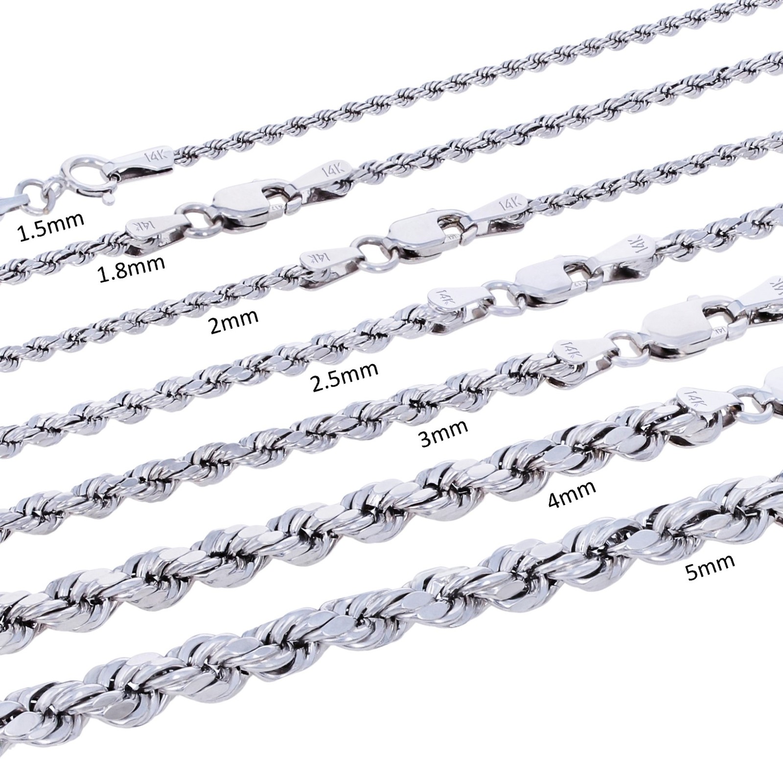 14K White Gold 1.5mm-5mm Diamond Cut Rope Chain Necklace Mens Womens 14″-30″