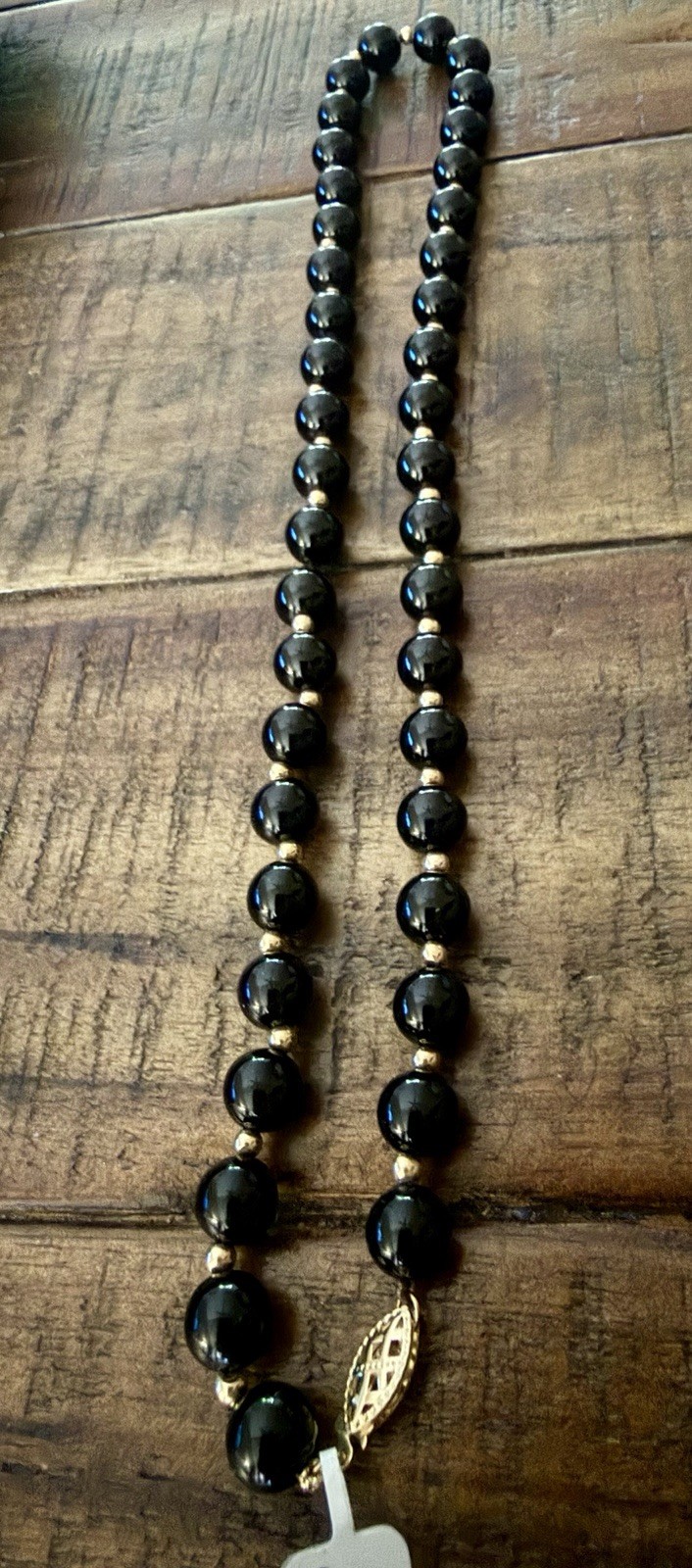 Black Onyx Beaded Necklace 14KT 8mm Beads In Between