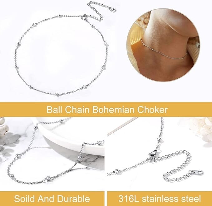 Silver Beaded Ball Chain Choker Necklace 14” +3.5” extender 316L Stainless Steel