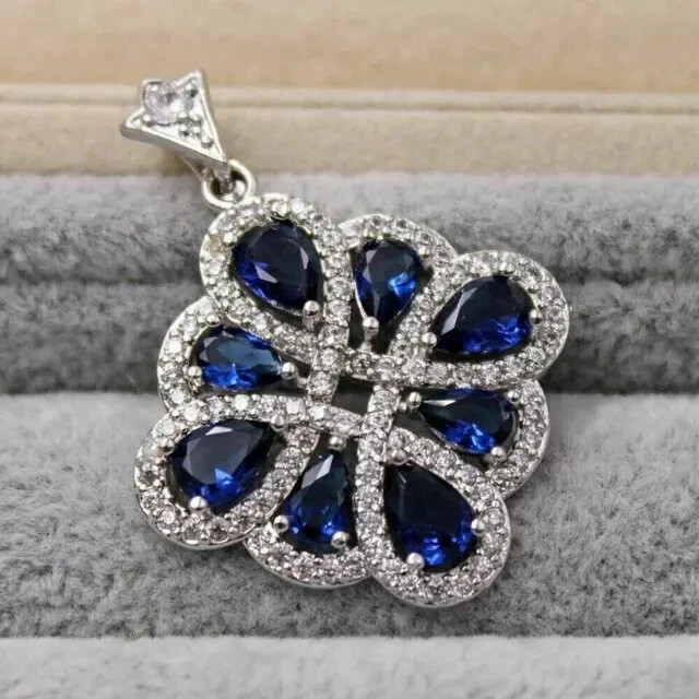 3Ct Pear Cut Lab Created Blue Sapphire Women’s Pendant in 14K White Gold Plated