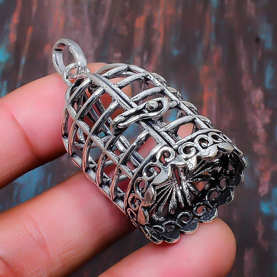 Silver Cage Gemstone Handmade Gift Jewelry Pendant 1.97″ r668