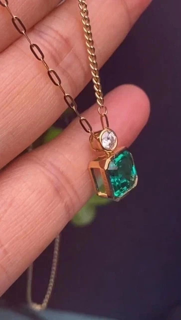 Asscher Cut 2Ct Lab-Created Emerald Solitaire Pendant 14K Yellow Gold Plated