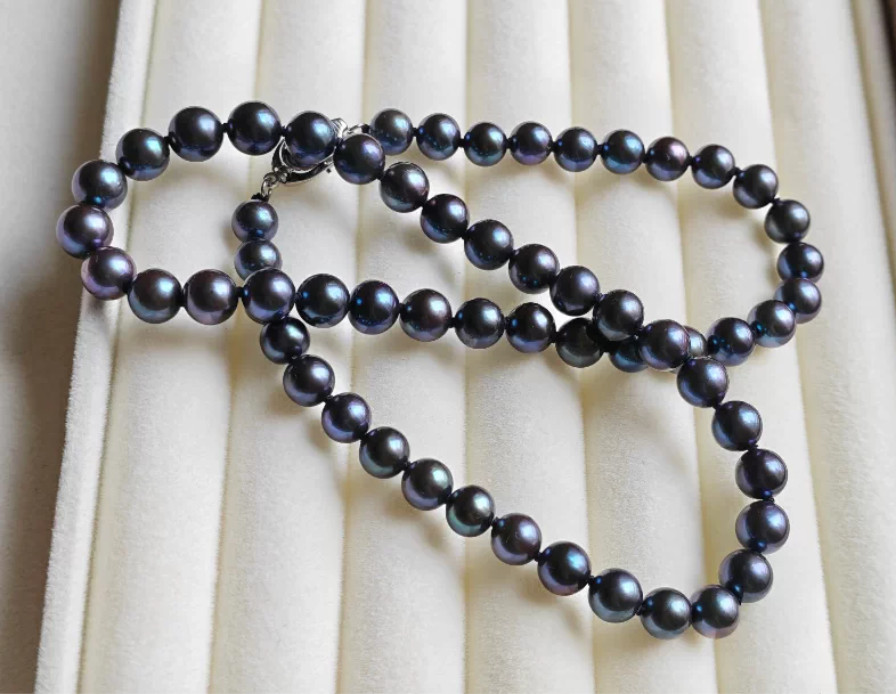 Amazing 7-8mm Natural Black Tahitian Round Pearl Necklace 16″ 17″18″ 19″ 20″