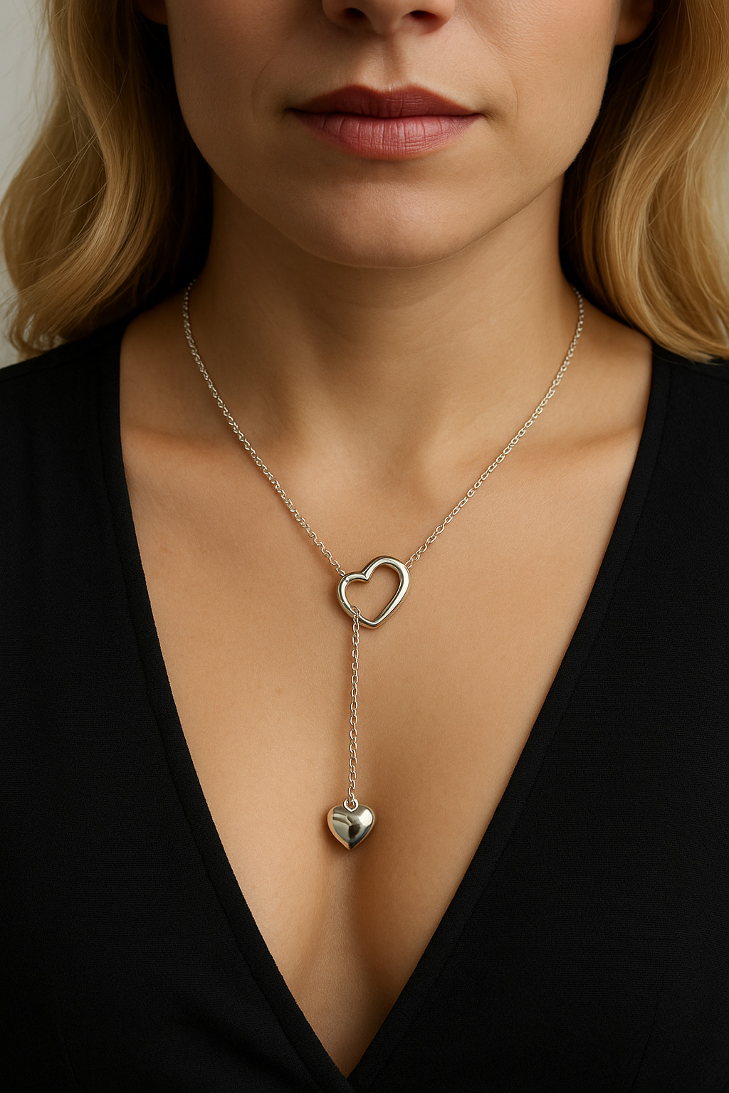 18″ Heart In Heart Lariat Pendant Cable Chain Real Sterling Silver