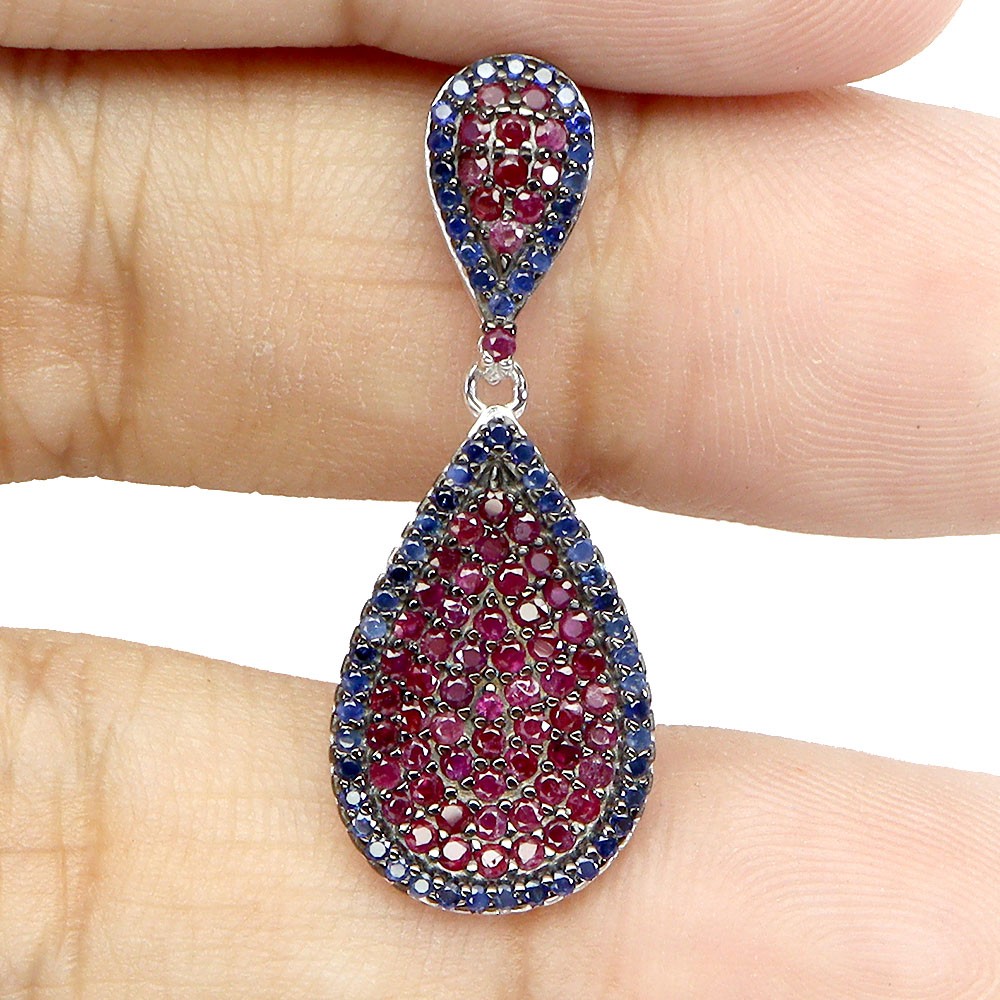 925 Sterling Silver Pendant Ruby Myanmar Round Diamond Cut Sapphire Gemstone