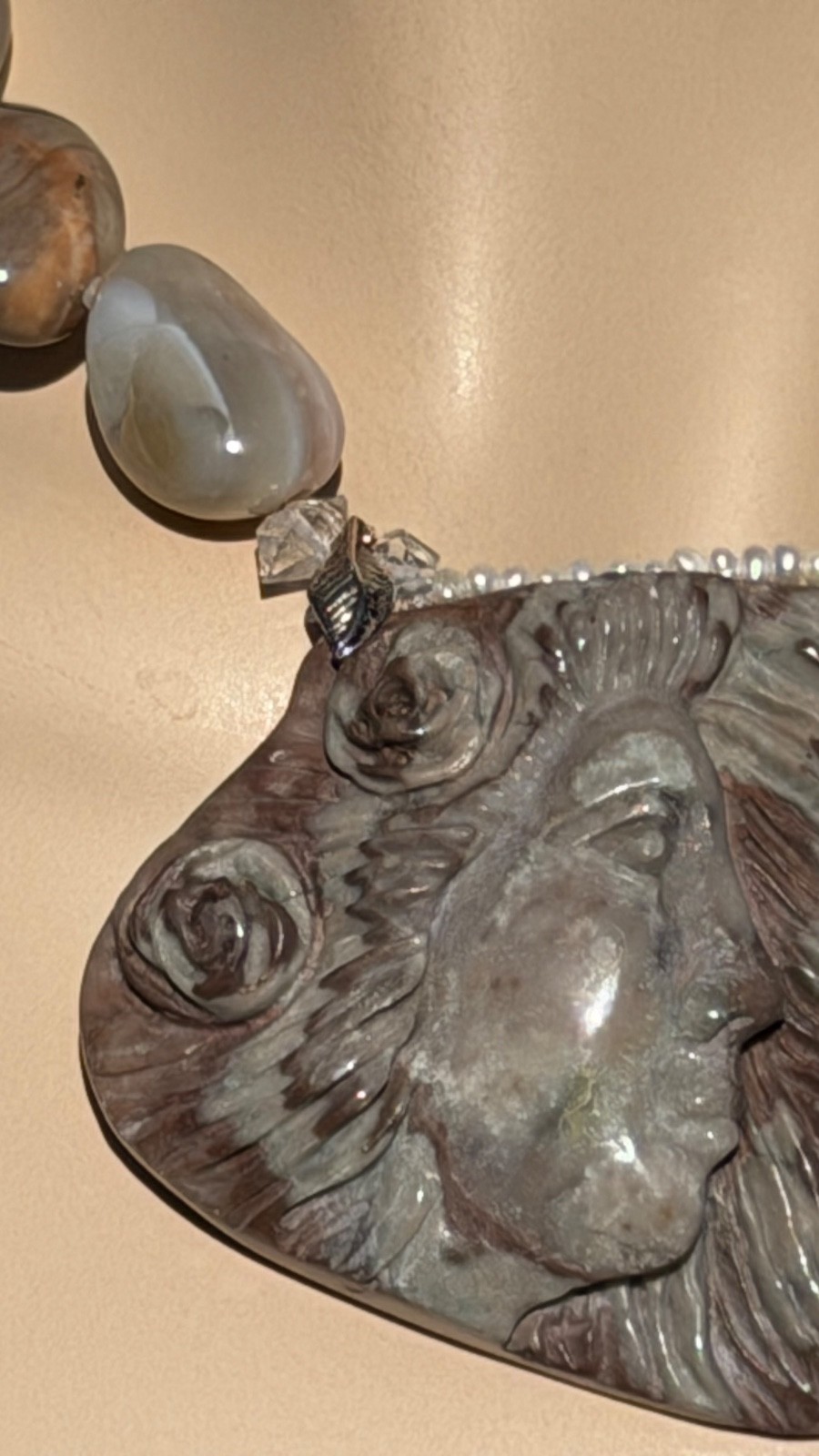 HAND CARVED EARTH MOTHER POLYCHROME JASPER PENDANT NECKLACE AND EARRING SET