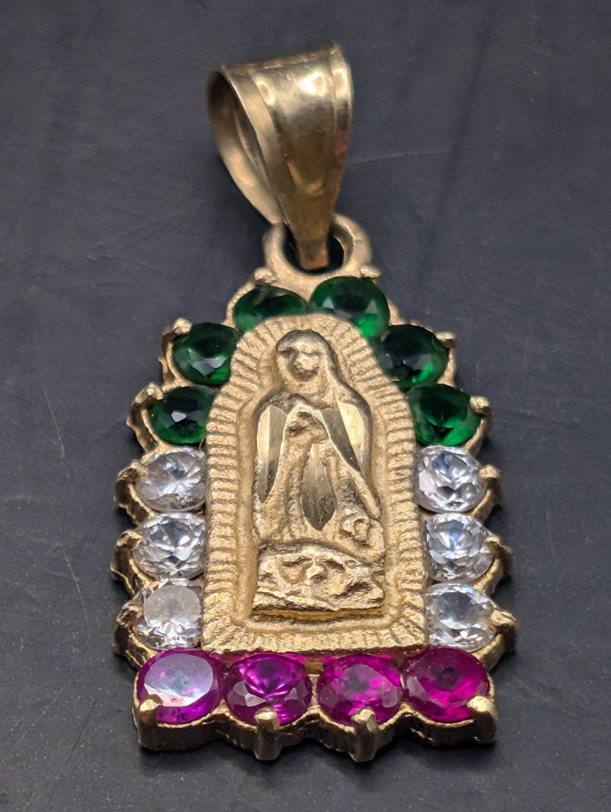 🔥 14K GOLD EMERALD RUBY & CZ VIRGIN MARY MEXICO COLORS PENDANT SIGNED 3.3 GRAMS