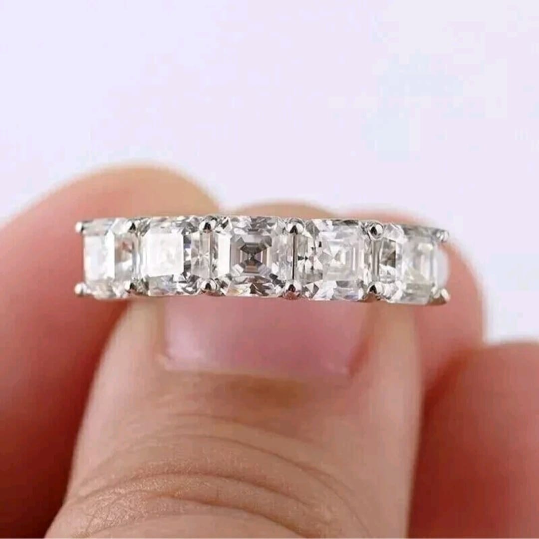 4Ct Lab Asscher Diamond Engagement Band Ring 14K White Gold Plated