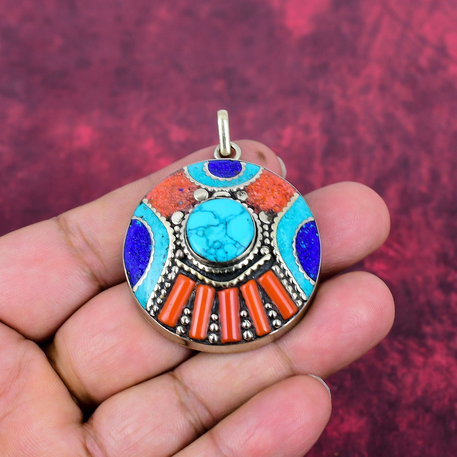 Turquoise, Coral Gemstone Handmade 925 Sterling Silver Nepali Pendant Jewelry