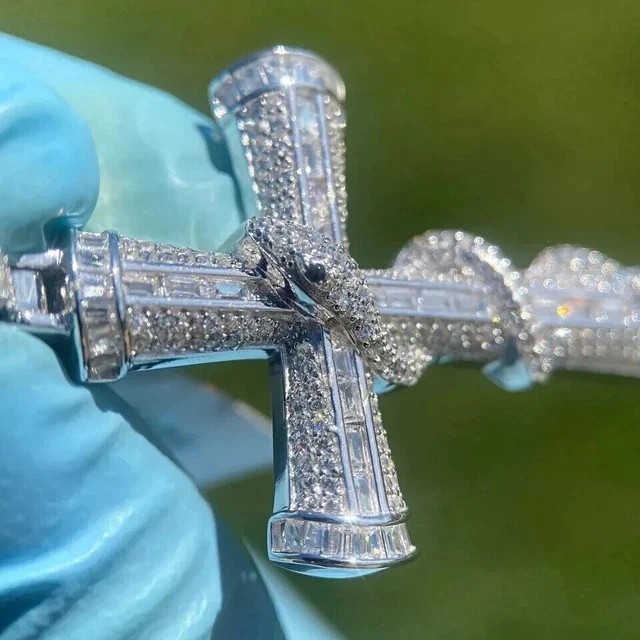 2.30Ct Baguette Lab-Created Diamond Cluster Cross Pendant 14K White Gold Plated