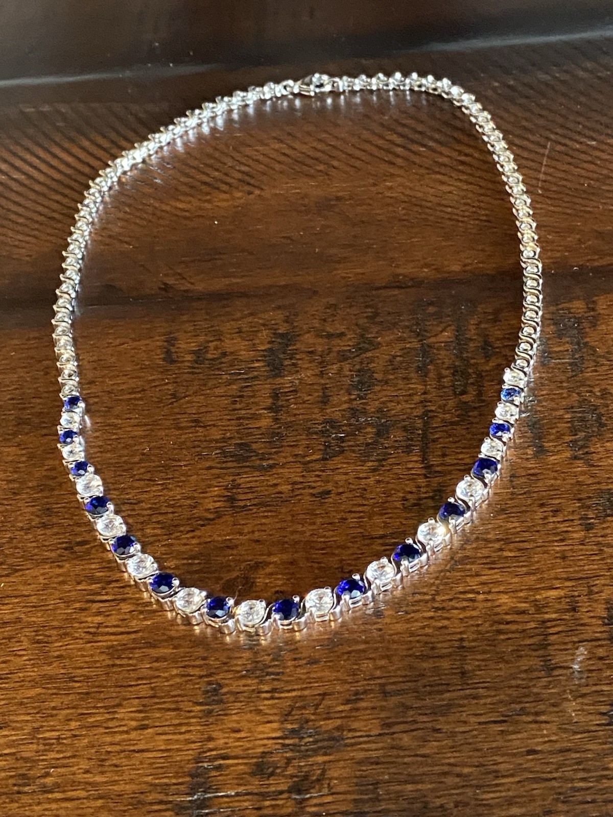 925 Sterling Silver Lab Created Blue & White Sapphire Tennis Necklace Signed EMA