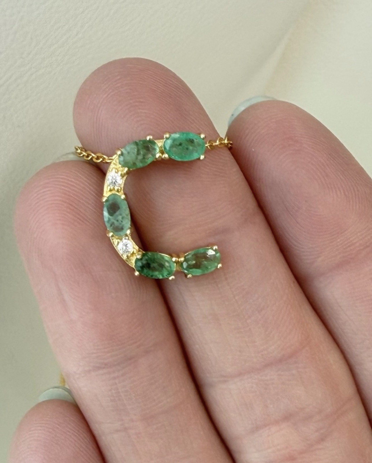 Stunning Natural Emerald 1.25CT Initial C Pendant 18K Yellow Gold Necklace 20 in