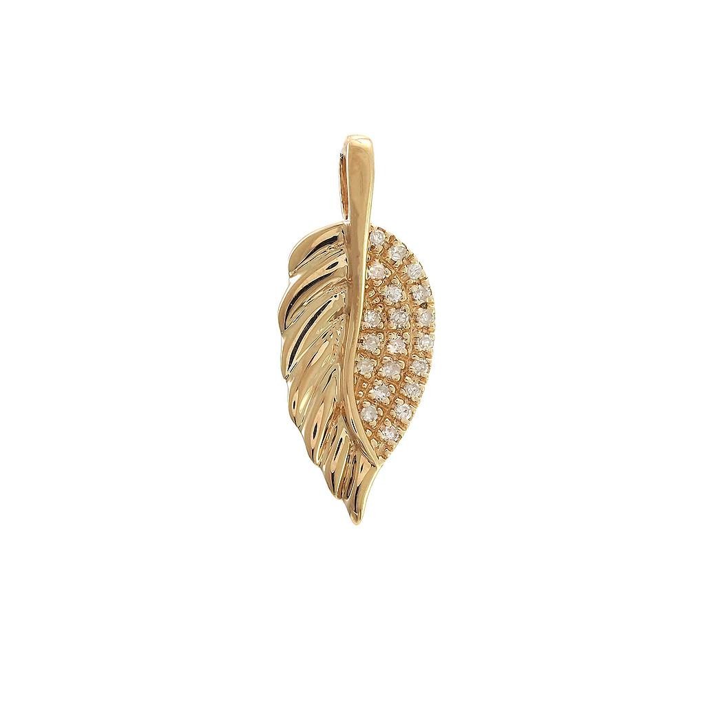 14K Real Yellow Single Pave Diamond Leaf Pendant 7X17mm