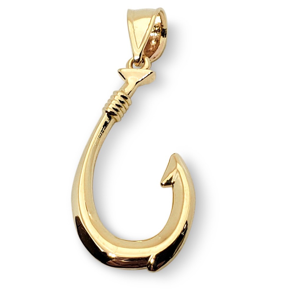 Real 18K Yellow Gold Fish Hook Pendant All Sizes Hawaiian Fish Hook Jewelry