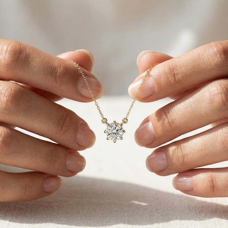 Round Brilliant Cut Moissanite Solitaire Necklace Simple Daily Wear Necklace Her