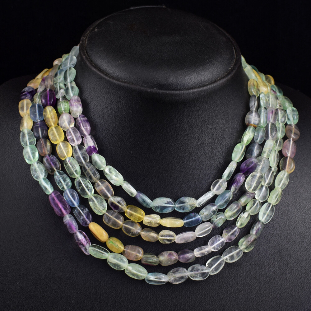 Oval Shape 717 Cts Natural 5 Strand Multicolor Fluorite Beads Necklace JK 14E391
