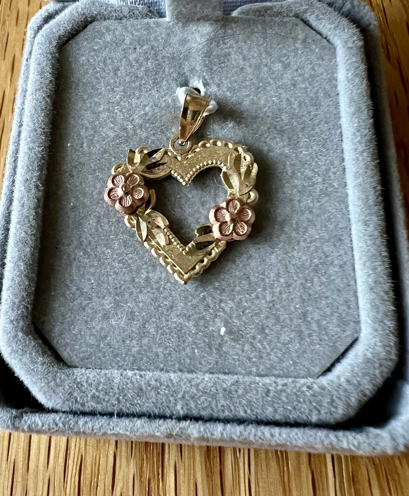 14K Yellow Gold Heart Pendant with Rose Gold Flowers