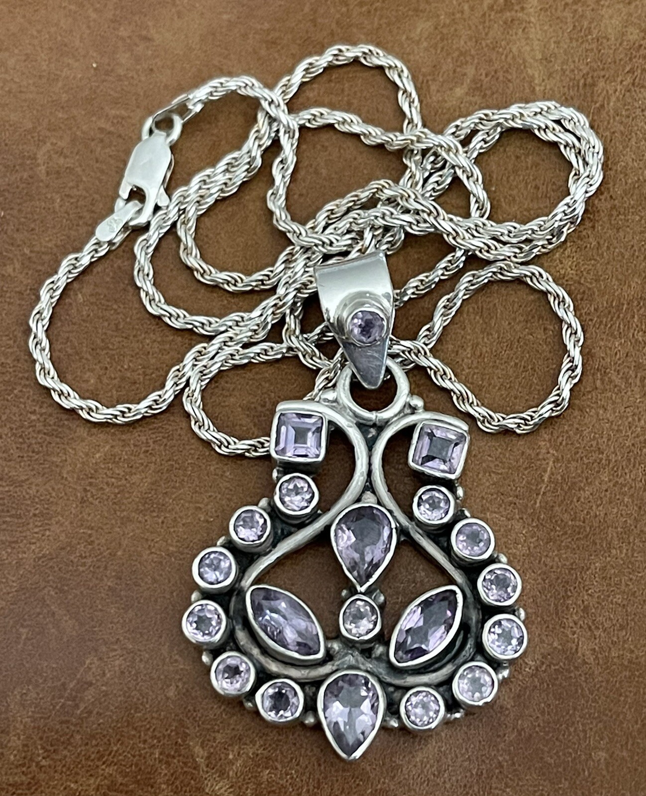 Vintage Amethyst Cluster Pendant Twisted Rope Chain Sterling 925 Necklace 20” in