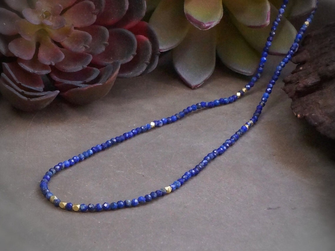 A++ Natural Blue Lapis Lazuli Faceted Round Gemstone Beads 18″ Handmade Necklace