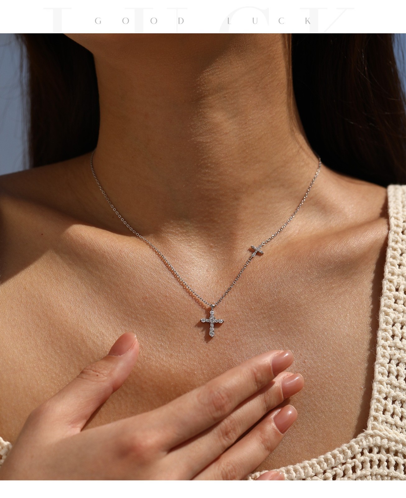 925 Sterling Silver Moissanite Double Cross Pendant Necklace Women Gift