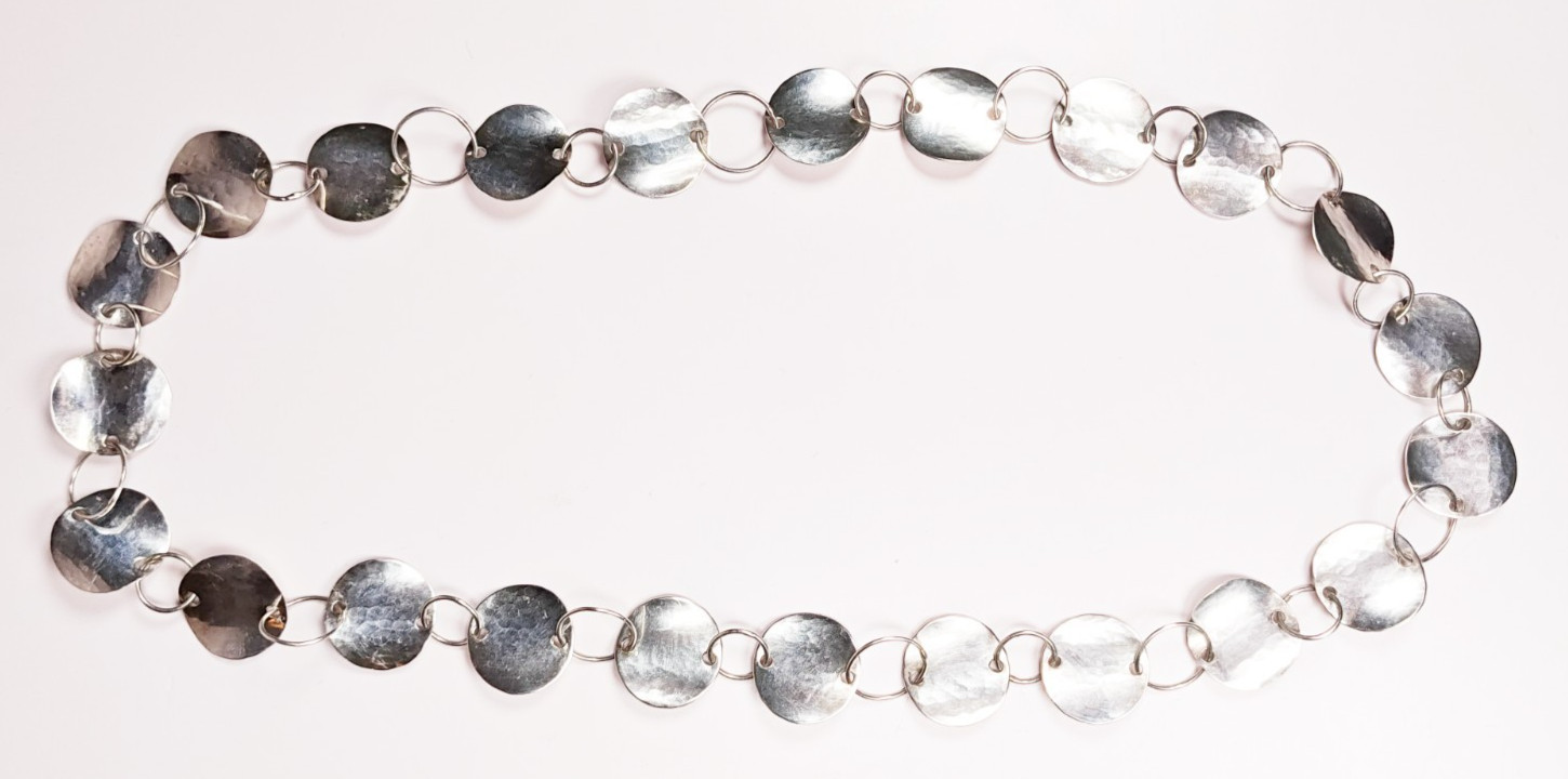 925 Sterling Silver Hammered Disc Link Necklace 26″ 25.22g Large Circles Tested