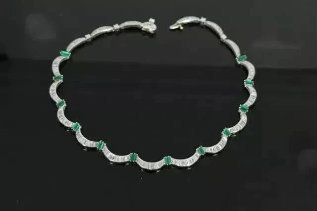 17CT Lab Created Emerald /Moissanite Women Tennis Necklace 14K White Gold Plated
