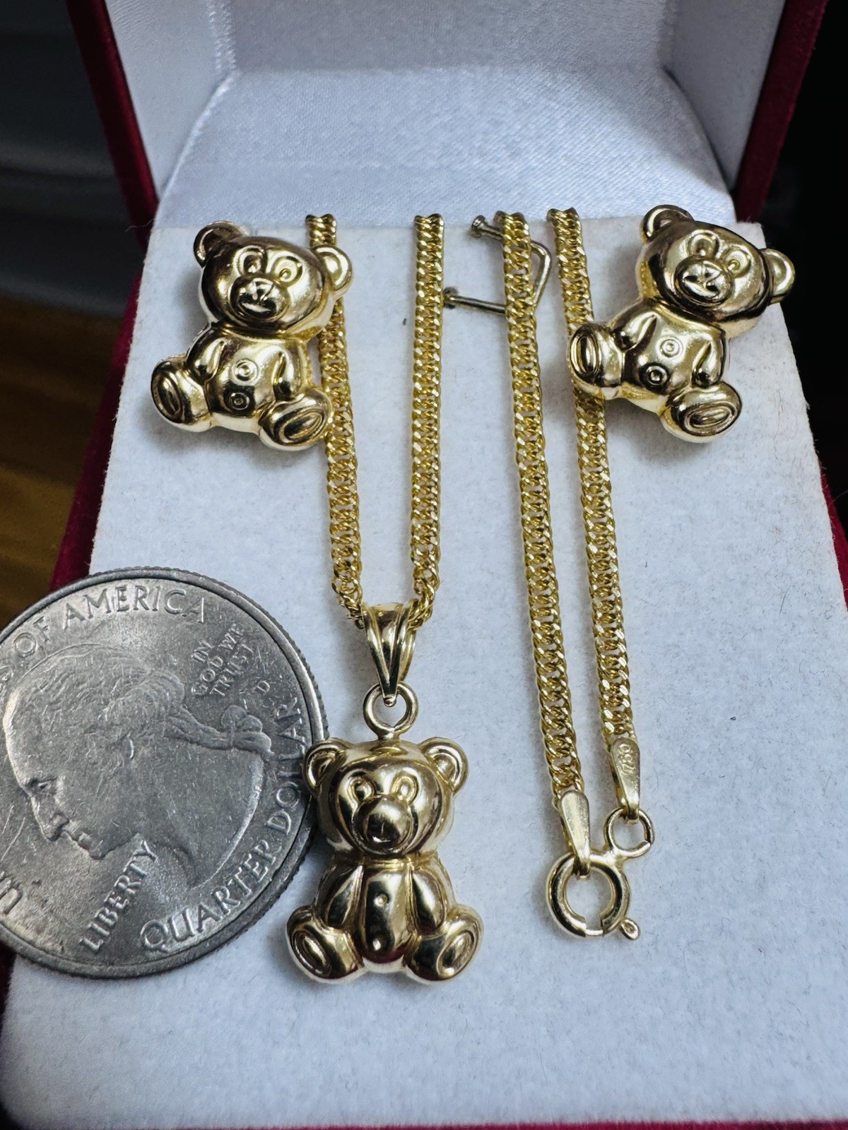 18K 750 Gold Bear Set Earring & Necklace 15.6”/16” Long 6.5g 2.2g