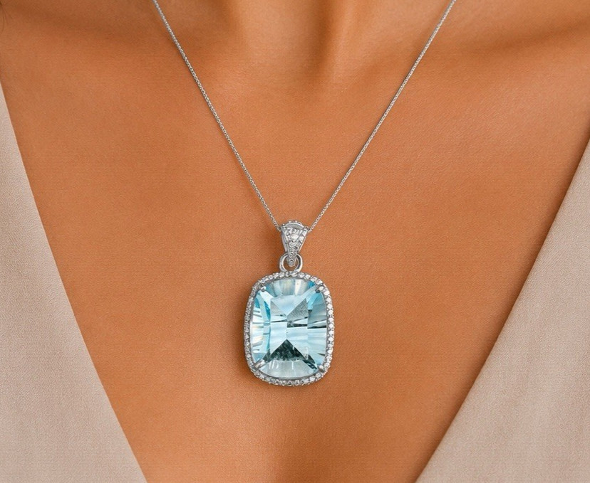Blue Topaz & Diamond Sterling Silver Pendant | Concave Gemstone Jewelry 3.5 CM