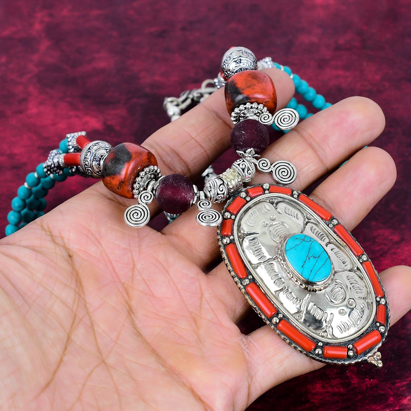 Turquoise & Red Coral Gemstone Handmade Jewelry 925 Solid Silver Nepali Necklace