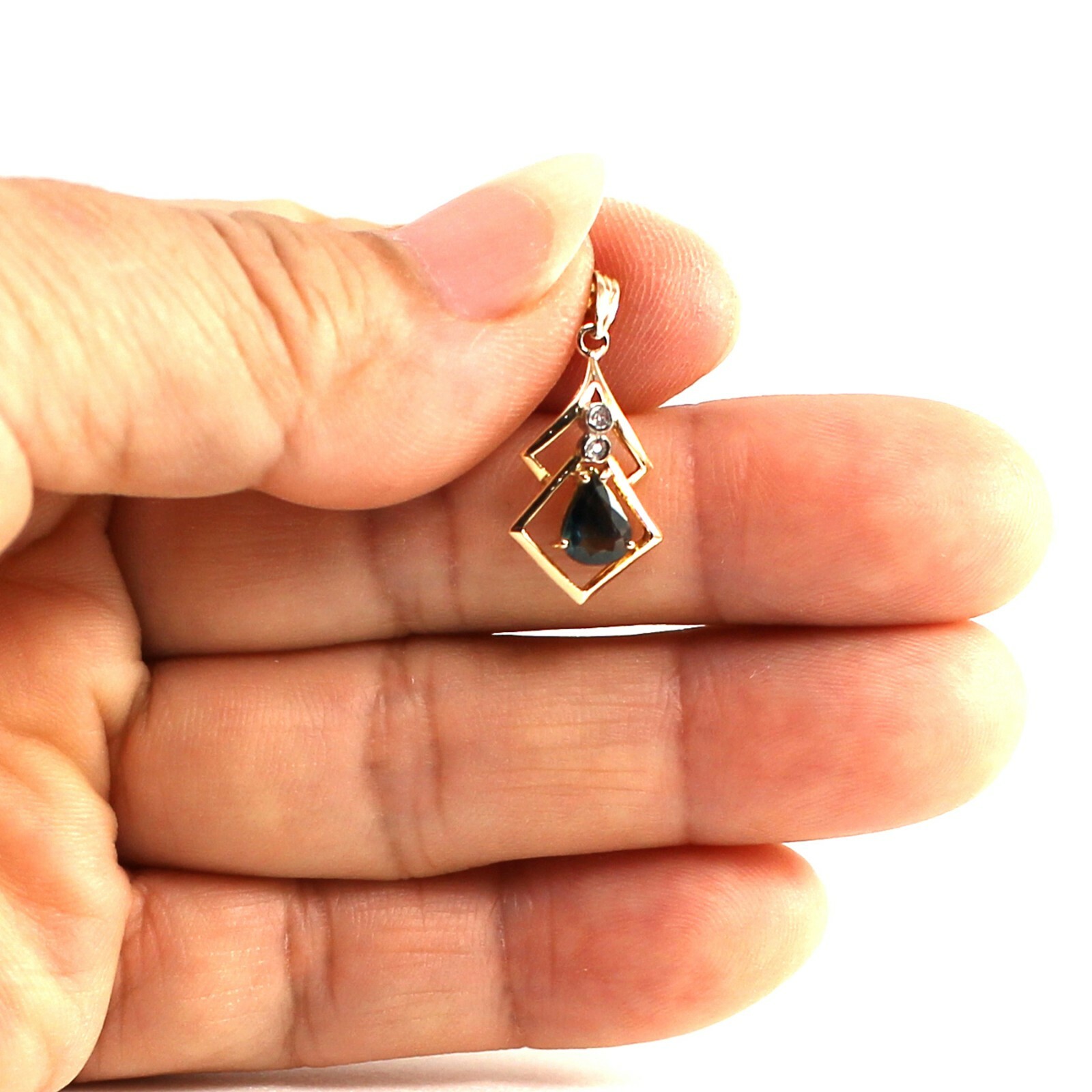 14k Yellow Solid Gold Genuine Diamond Pear Cut Natural Blue Sapphire Pendant TPJ