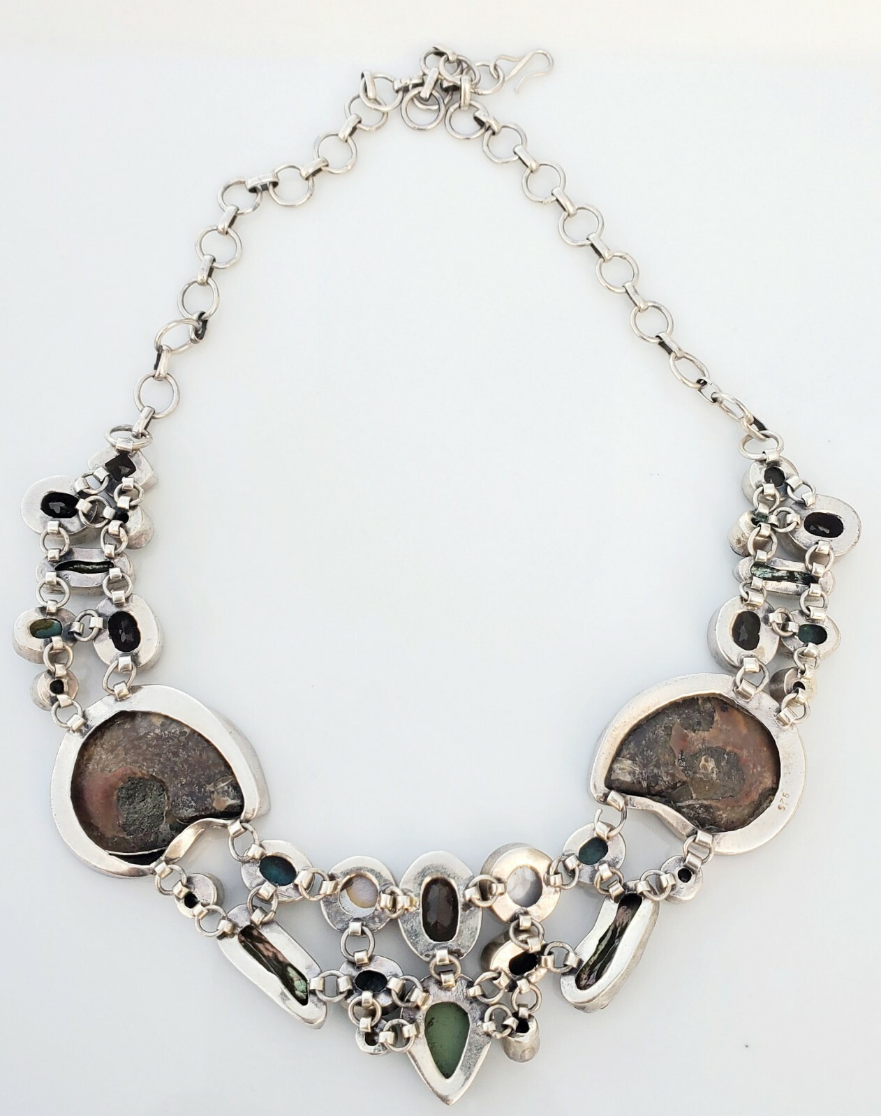 925 Silver Statement Necklace & Bracelet Turquoise Smokey Quartz Fossil Pearl