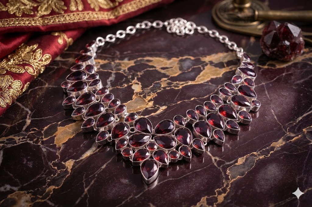 Red Garnet Gemstone Handmade 925 Sterling Silver Jewelry Necklace Size-18