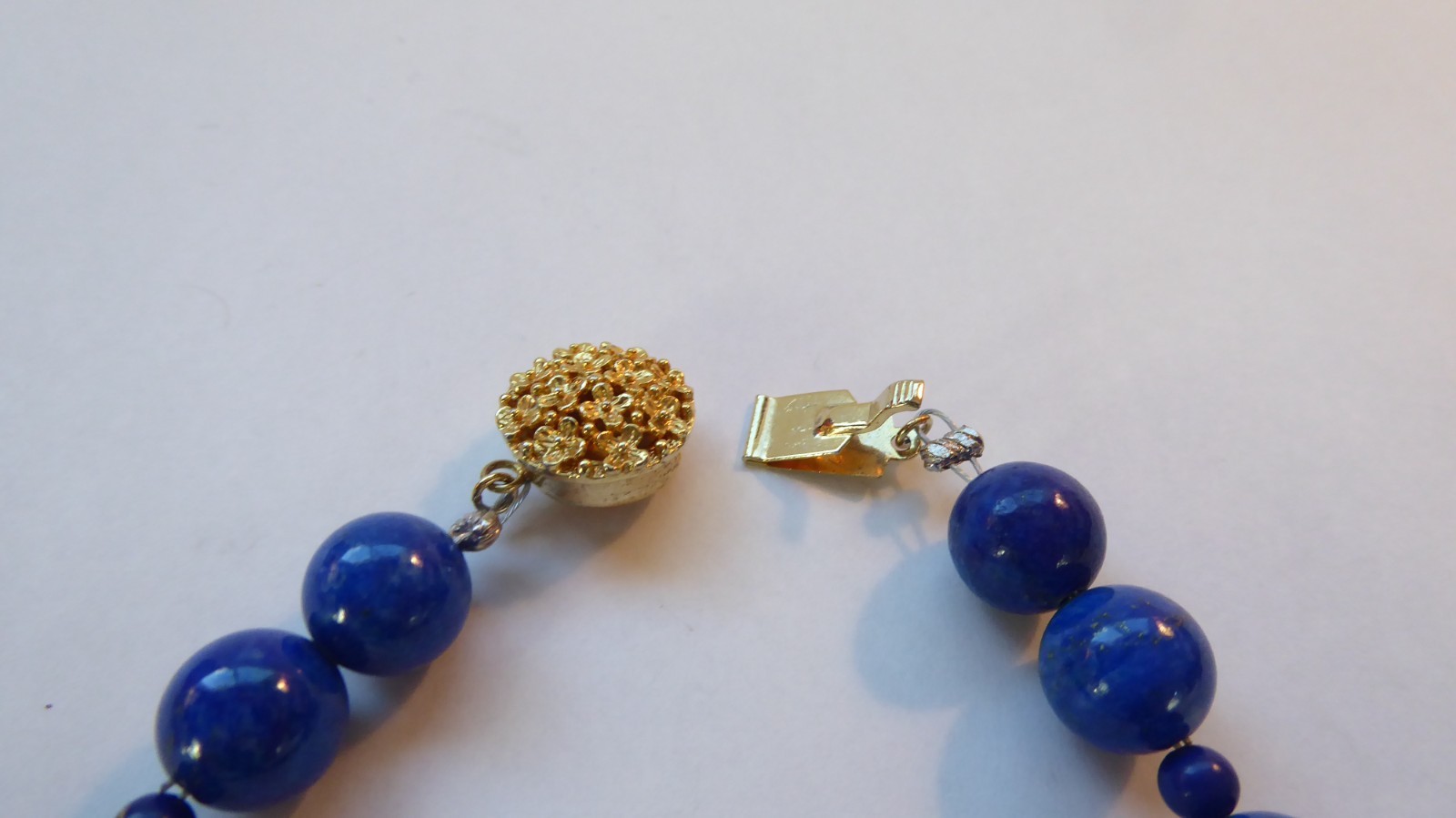 Carved Lapis Lazuli Bead Statement Necklace 15″ long 15mm & 9mm Round beads Asia