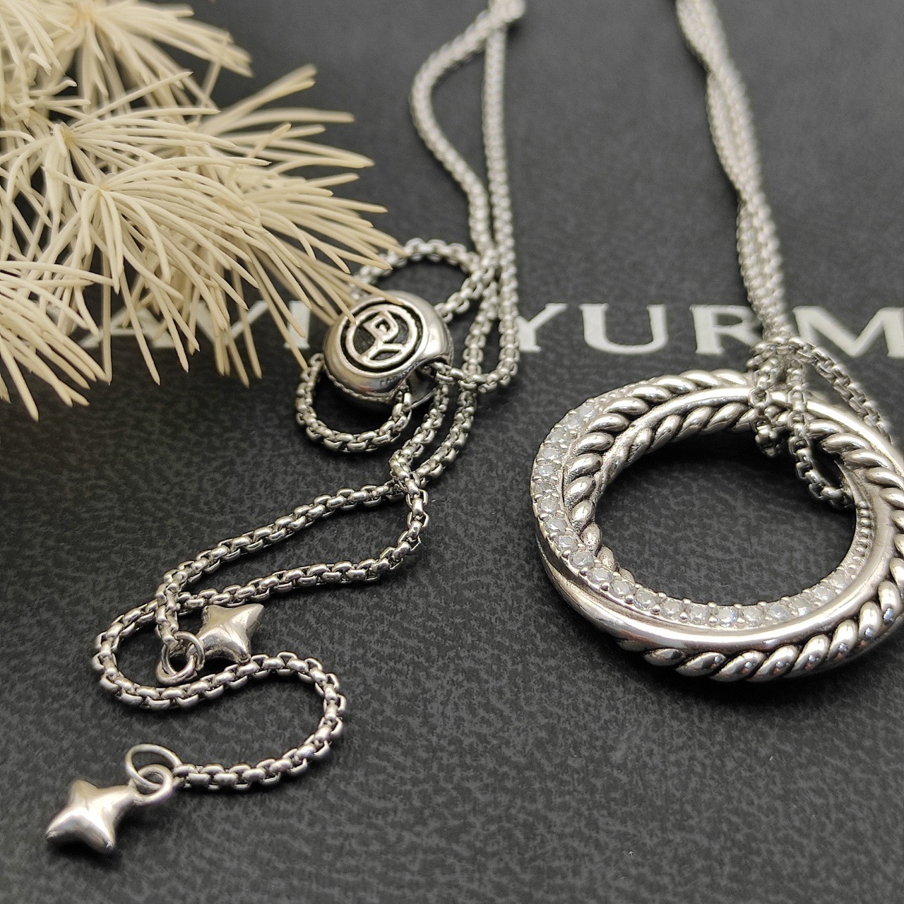 David Yurman Classic Cable Circle Pendant 925 Silver Diamond Slide Necklace 90cm