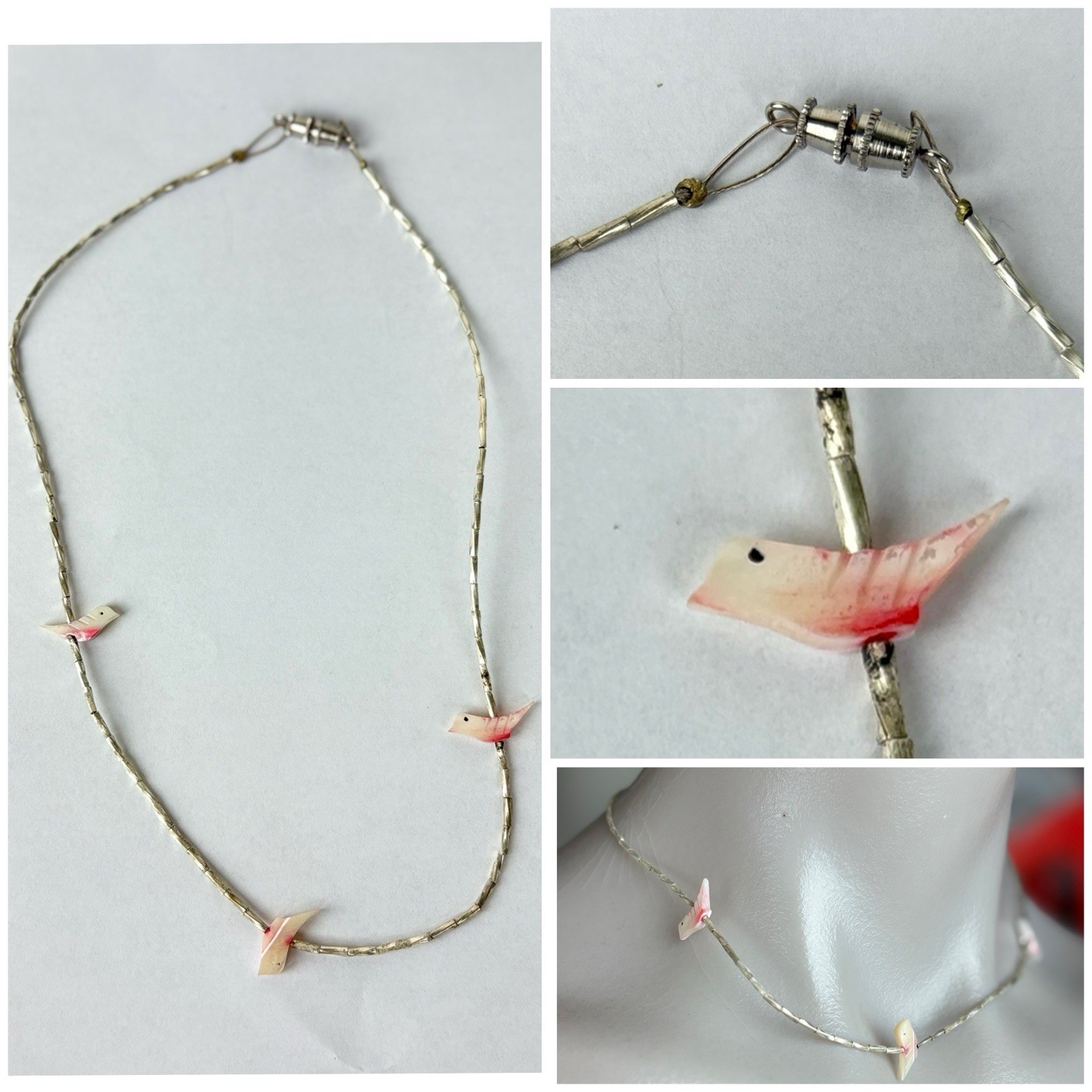 Vintage 925 Sterling Silver Mother of Pearl Carved Birds Barrel Necklace