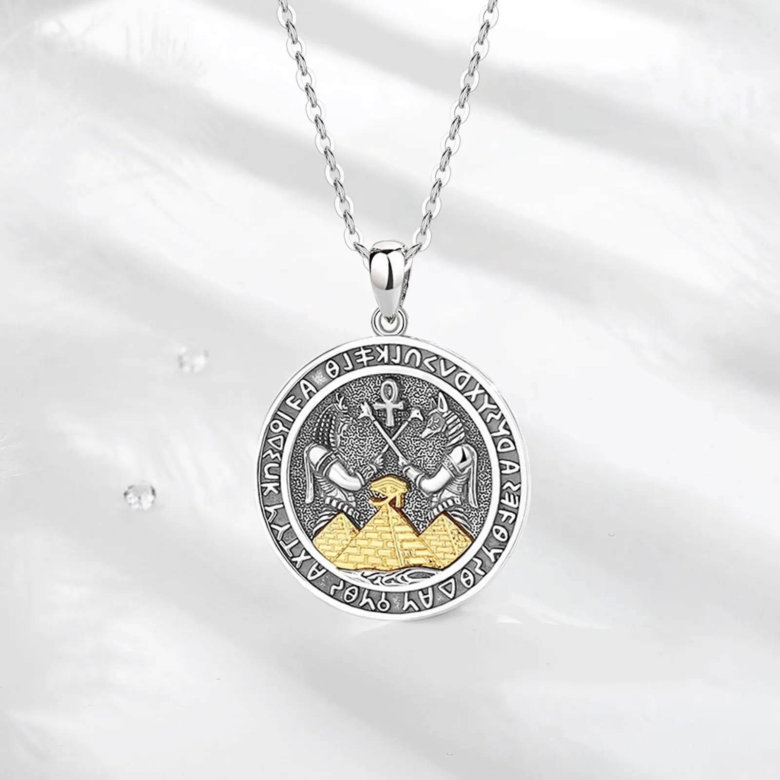 925 Sterling Silver Anubis Necklace Men Women Egyptian Ankh Evil Eye Pendant