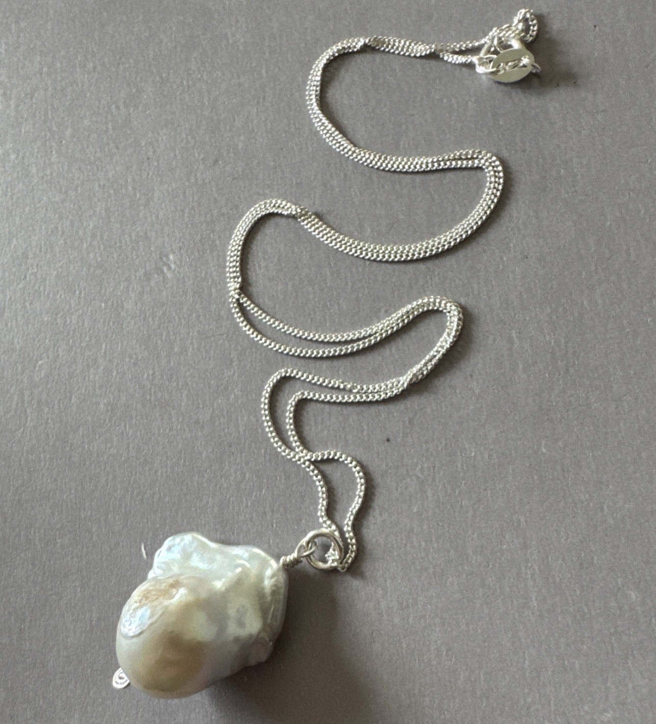 Sterling Silver 925 21mm Freshwater Pearl Pendant Italy 18” Curb Chain Necklace
