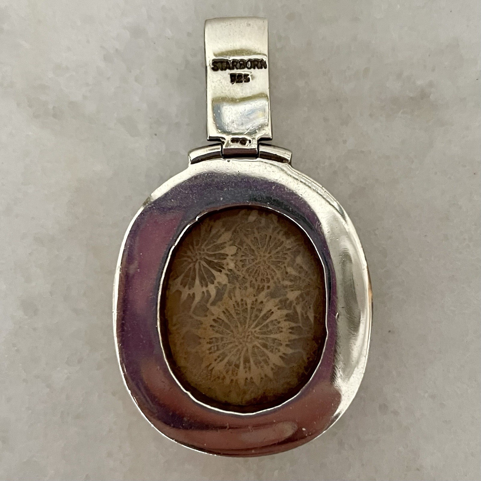 Starborn Sterling Silver 925 Fossilized Coral & Inlay Mother Of Pearl Pendant