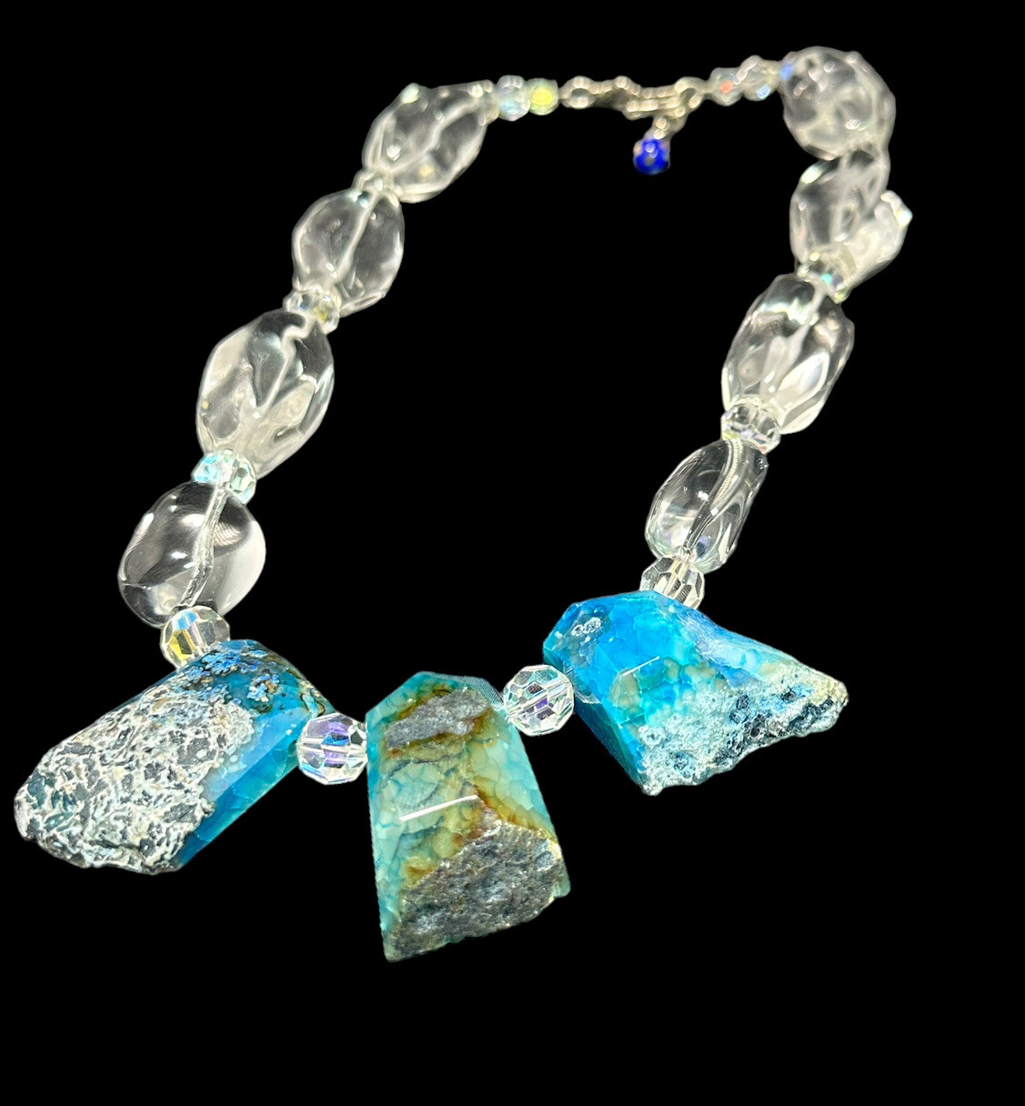 Natural Blue Larimar Necklace Clear Rock Crystal Beads 21 in Raw Gemstone