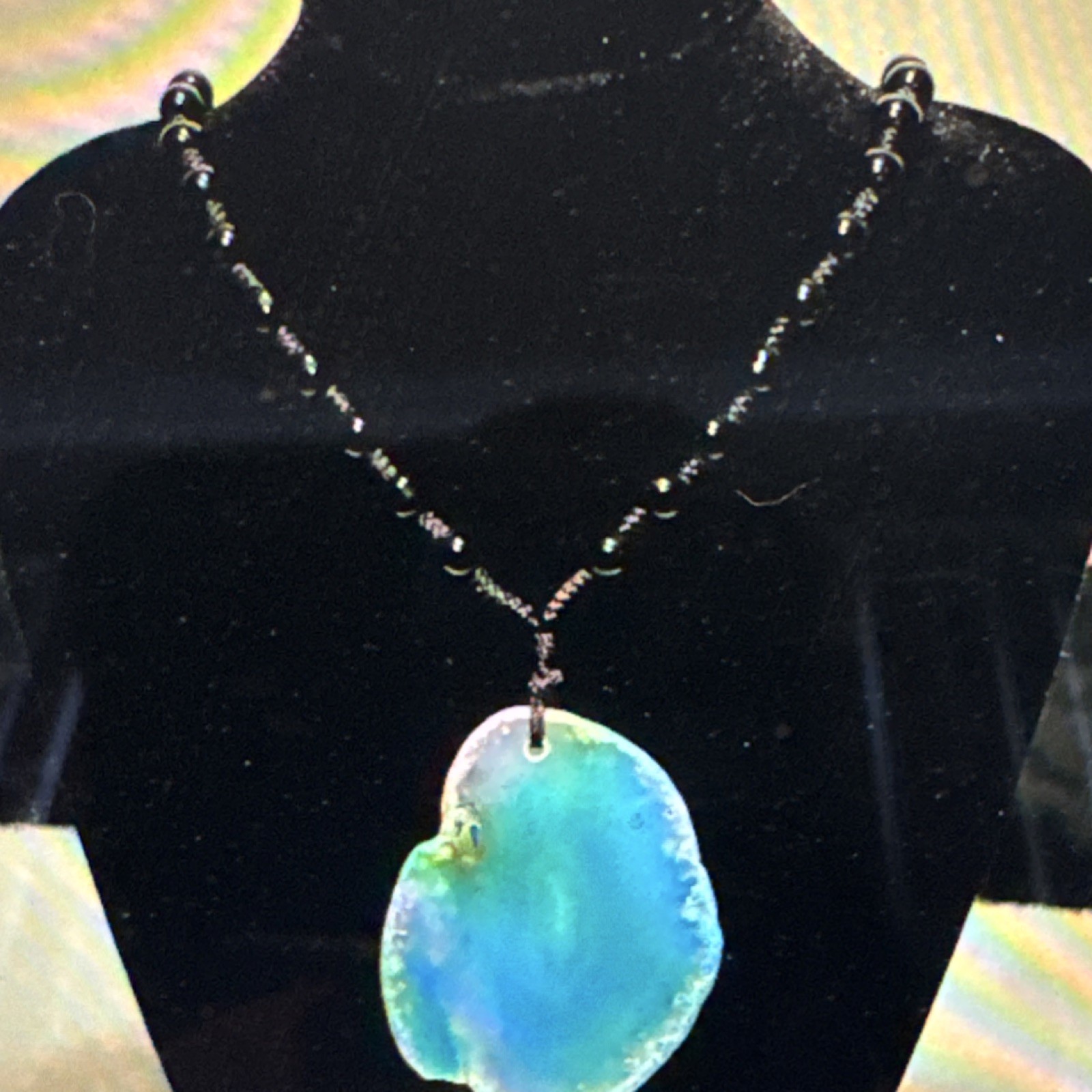 Blue Agate Slice Pendant Necklace |18″ Beaded Chain Asymmetrical Stone