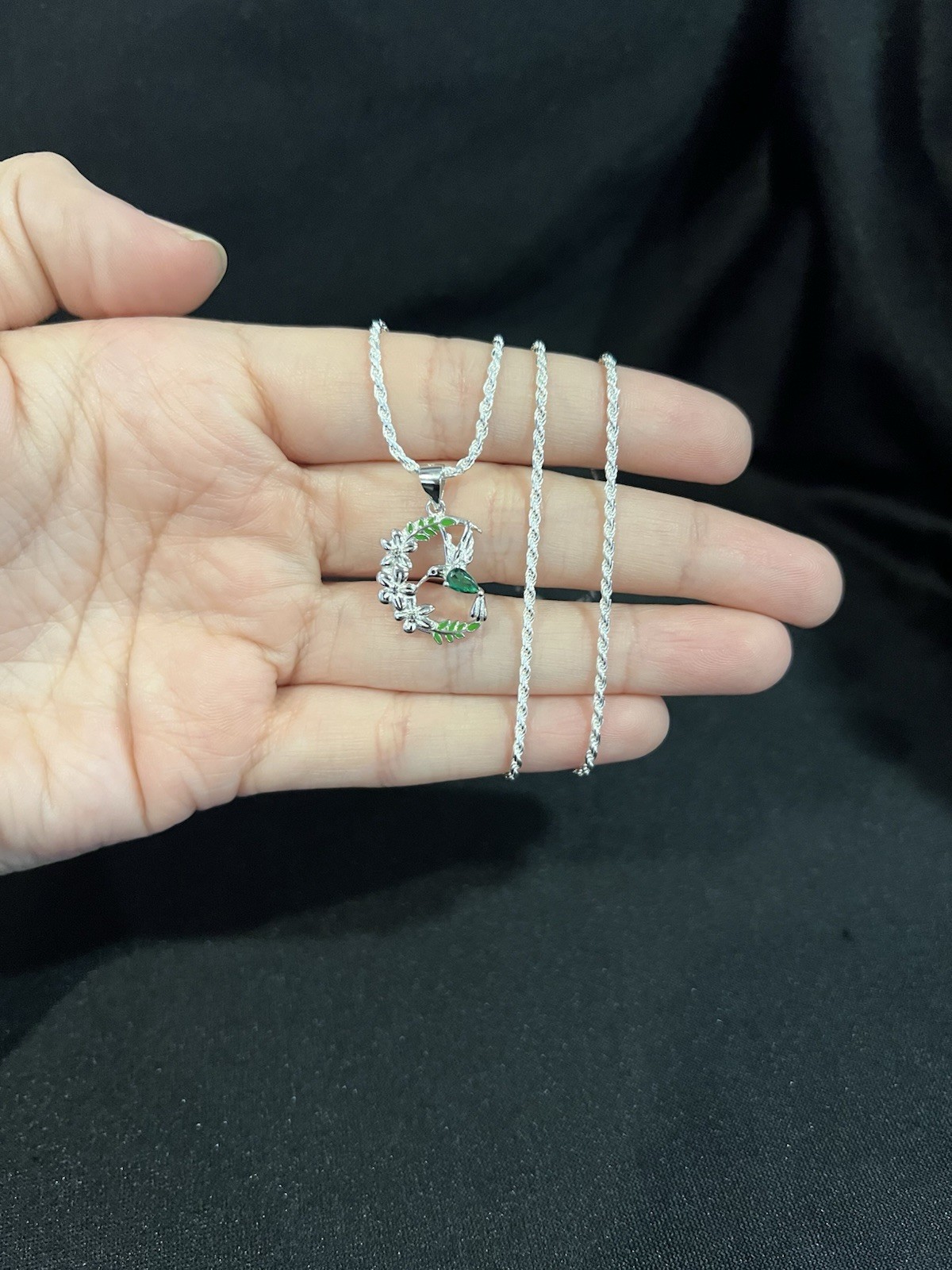 925 Sterling Silver Women Green CZ Hummingbird Bird & Rope Chain 18 20 22 24