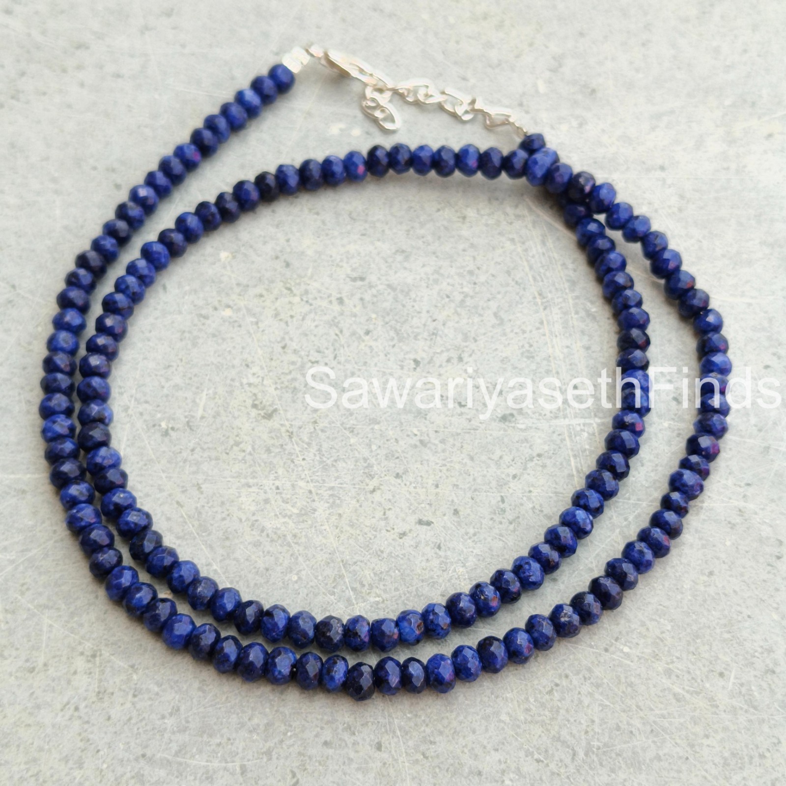 Lapis Lazuli 4mm Rondelle Beaded Necklace, Boho Sterling Silver Clasp, Statemen