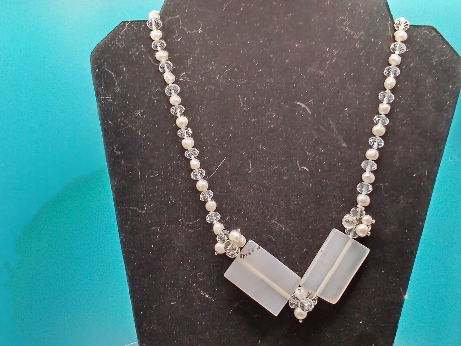Genuine Pearl and Crystal Necklace with a Rectangular Quartz Pendant, 32in.