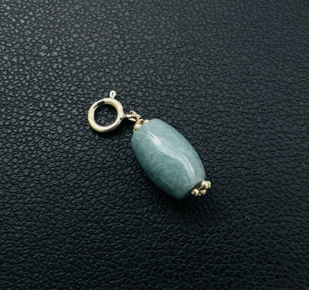 14K Solid Yellow Gold Barrel Blue-Green Jade Small Charm Pendant w/Spring Clasp