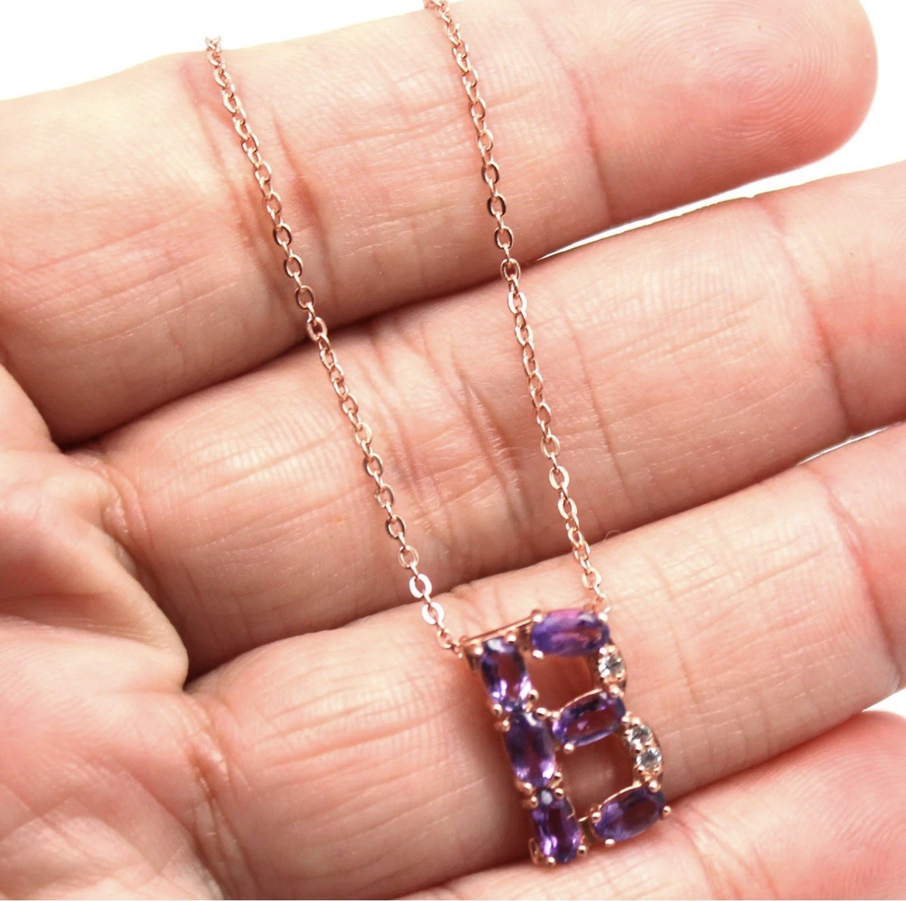 Stunning Natural Purple Amethyst Initial B 18K Rose Gold Pendant/Necklace 20 in
