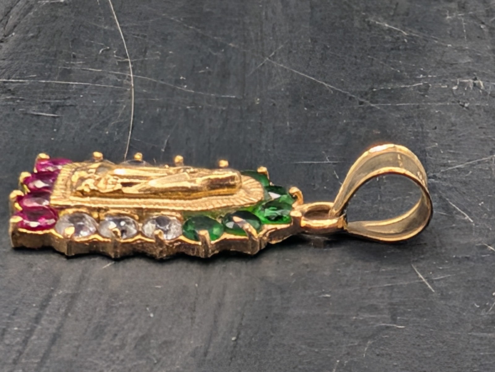 🔥 14K GOLD EMERALD RUBY & CZ VIRGIN MARY MEXICO COLORS PENDANT SIGNED 3.3 GRAMS